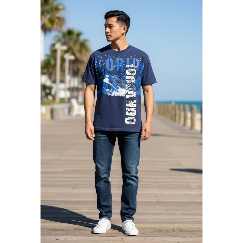 SeaWorld Orlando Graphic T Shirt Men's‎ Navy Blue Orca Palm Tree Tee